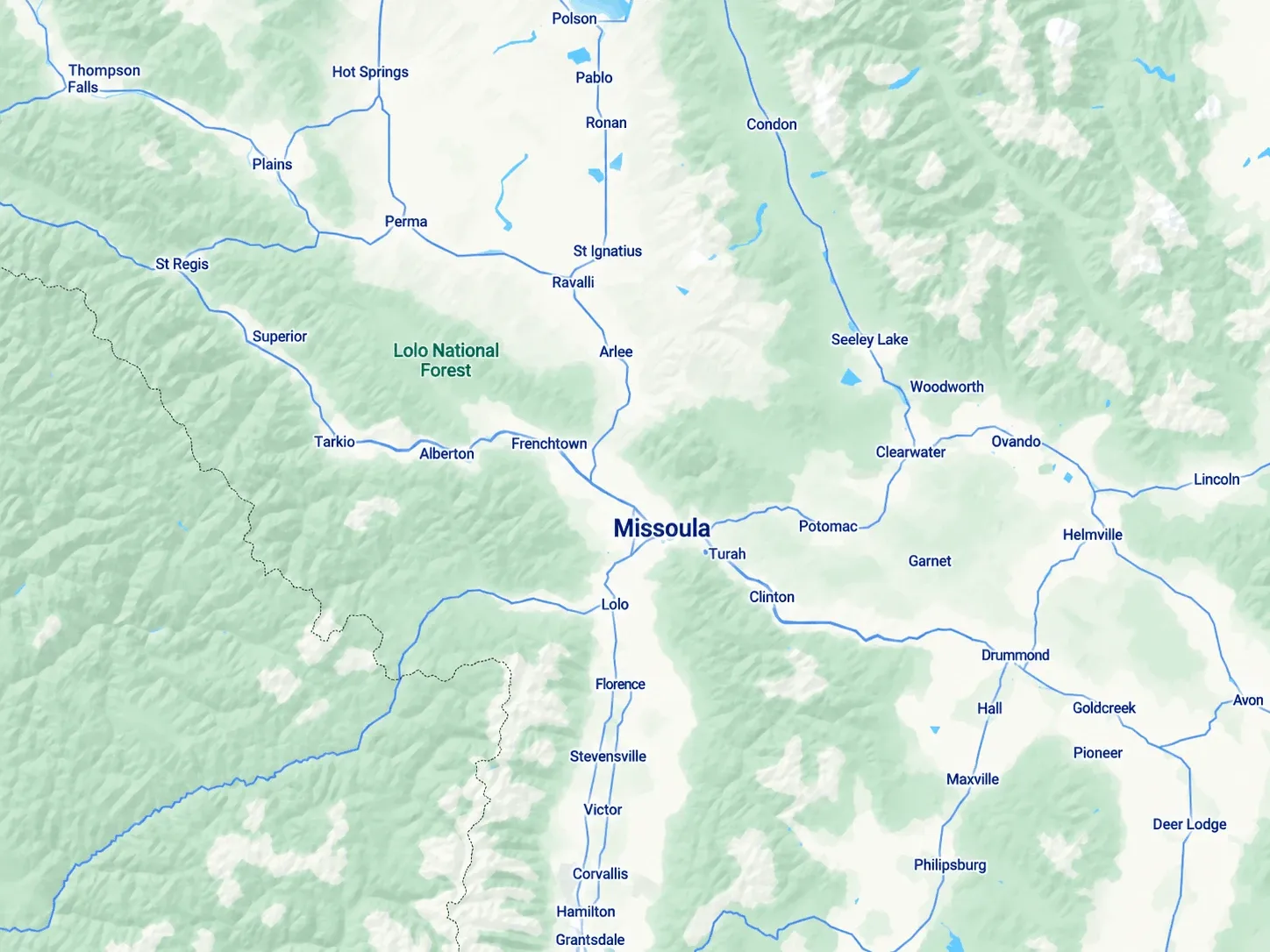 Map of the Missoula 406 Enterprises service area, covering Missoula, Frenchtown, Lolo, Florence, Stevensville and the Bitterroot Valley